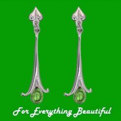 Art Nouveau Long Leaf Green Peridot 18K White Gold Earrings