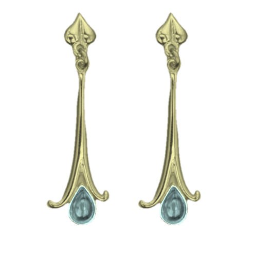 Image 1 of Art Nouveau Long Leaf Blue Moonstone 18K Yellow Gold Earrings