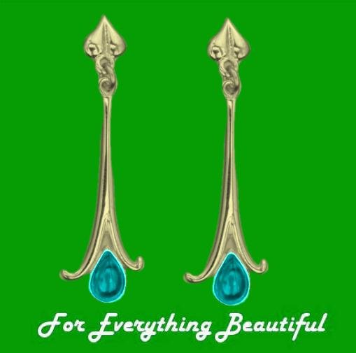 Image 0 of Art Nouveau Long Leaf Turquoise 18K Yellow Gold Earrings