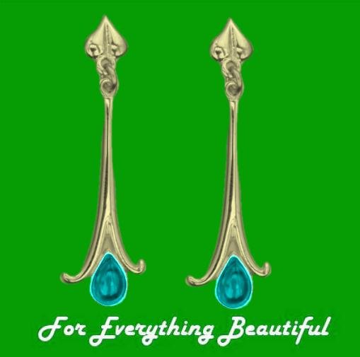 Image 0 of Art Nouveau Long Leaf Turquoise 18K Yellow Gold Earrings