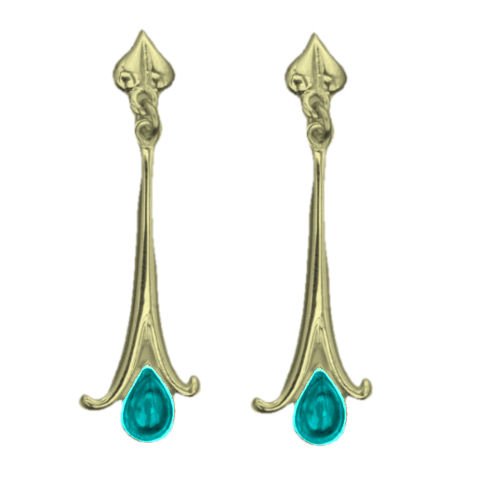 Image 1 of Art Nouveau Long Leaf Turquoise 18K Yellow Gold Earrings
