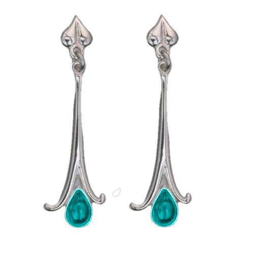 Image 1 of Art Nouveau Long Leaf Turquoise 18K White Gold Earrings