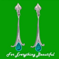 Art Nouveau Long Leaf Turquoise 9K White Gold Earrings