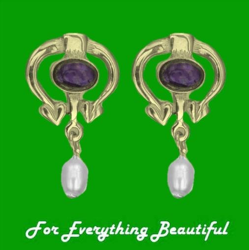 Image 0 of Art Nouveau Oval Amethyst Pearl 9K Yellow Gold Drop Earrings
