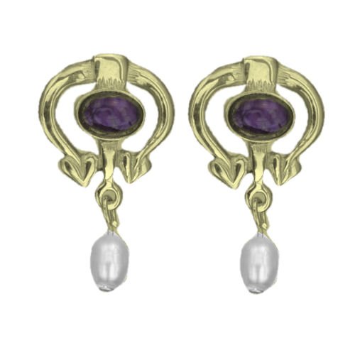 Image 1 of Art Nouveau Oval Amethyst Pearl 9K Yellow Gold Drop Earrings