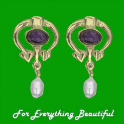Art Nouveau Oval Amethyst Pearl 9K Yellow Gold Drop Earrings