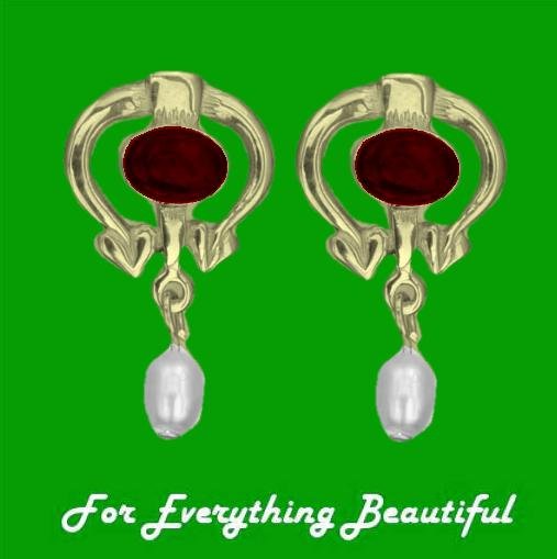 Image 0 of Art Nouveau Oval Garnet Pearl 9K Yellow Gold Drop Earrings