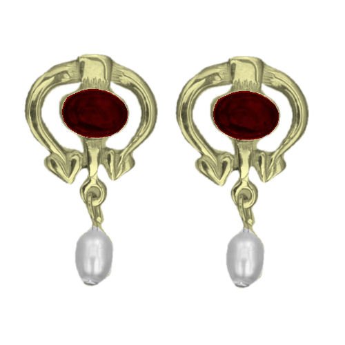 Image 1 of Art Nouveau Oval Garnet Pearl 9K Yellow Gold Drop Earrings