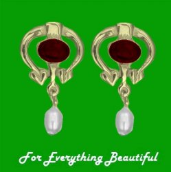 Art Nouveau Oval Garnet Pearl 9K Yellow Gold Drop Earrings