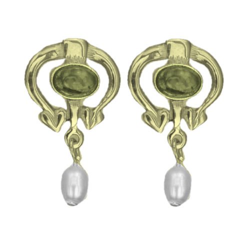 Image 1 of Art Nouveau Oval Citrine Pearl 9K Yellow Gold Drop Earrings