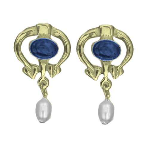 Image 1 of Art Nouveau Oval Labradorite Pearl 9K Yellow Gold Drop Earrings