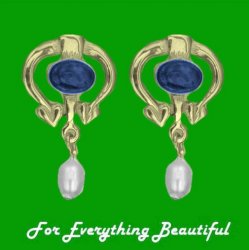 Art Nouveau Oval Labradorite Pearl 9K Yellow Gold Drop Earrings