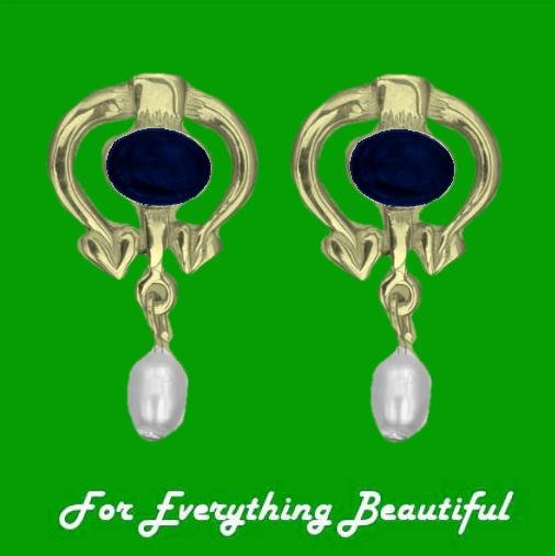 Image 0 of Art Nouveau Oval Lapis Lazuli Pearl 9K Yellow Gold Drop Earrings