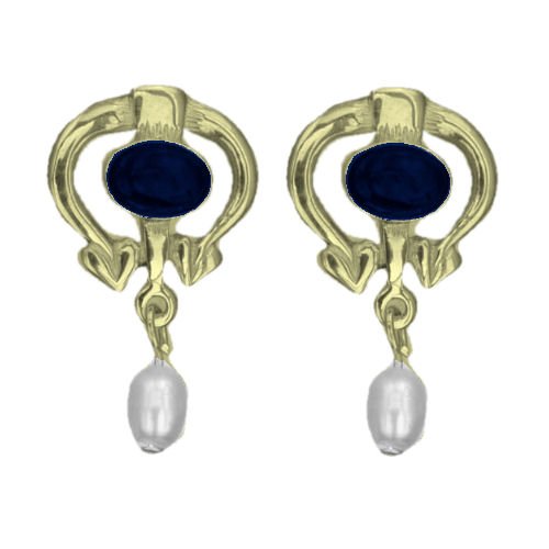 Image 1 of Art Nouveau Oval Lapis Lazuli Pearl 9K Yellow Gold Drop Earrings