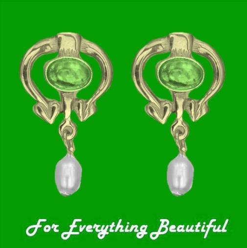 Image 0 of Art Nouveau Oval Green Peridot Pearl 9K Yellow Gold Drop Earrings