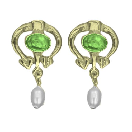 Image 1 of Art Nouveau Oval Green Peridot Pearl 9K Yellow Gold Drop Earrings