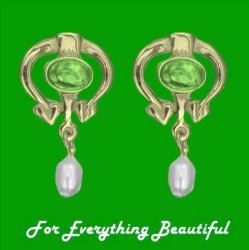 Art Nouveau Oval Green Peridot Pearl 9K Yellow Gold Drop Earrings