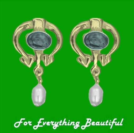 Image 0 of Art Nouveau Oval Blue Moonstone Pearl 9K Yellow Gold Drop Earrings