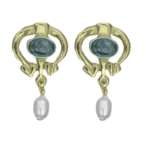 Image 1 of Art Nouveau Oval Blue Moonstone Pearl 9K Yellow Gold Drop Earrings