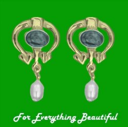 Art Nouveau Oval Blue Moonstone Pearl 9K Yellow Gold Drop Earrings
