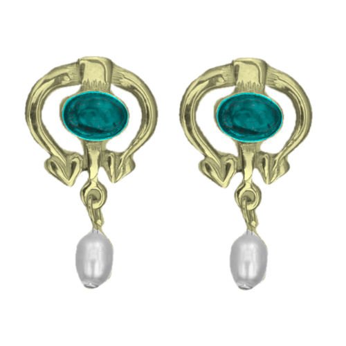 Image 1 of Art Nouveau Oval Turquoise Pearl 9K Yellow Gold Drop Earrings