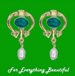 Art Nouveau Oval Turquoise Pearl 9K Yellow Gold Drop Earrings