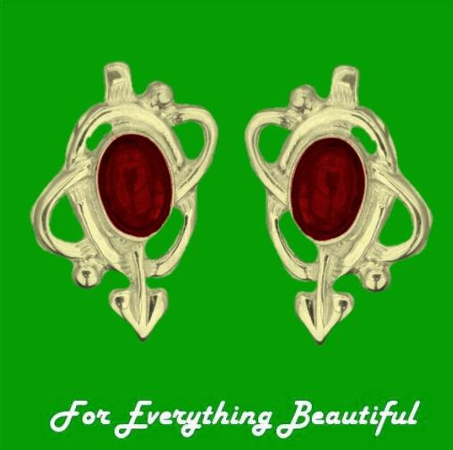 Image 0 of Art Nouveau Oval Garnet Swirl 9K Yellow Gold Stud Earrings