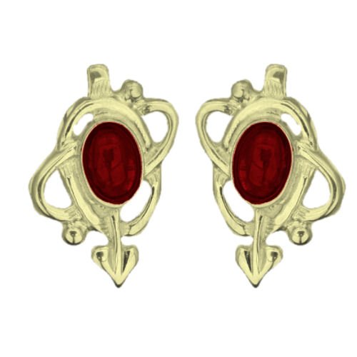 Image 1 of Art Nouveau Oval Garnet Swirl 9K Yellow Gold Stud Earrings