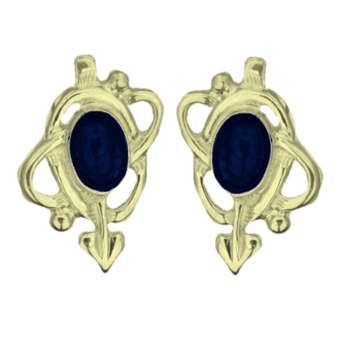 Image 1 of Art Nouveau Oval Lapis Lazuli Swirl 9K Yellow Gold Stud Earrings