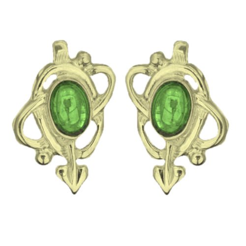 Image 1 of Art Nouveau Oval Green Peridot Swirl 9K Yellow Gold Stud Earrings