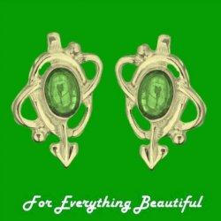 Art Nouveau Oval Green Peridot Swirl 9K Yellow Gold Stud Earrings