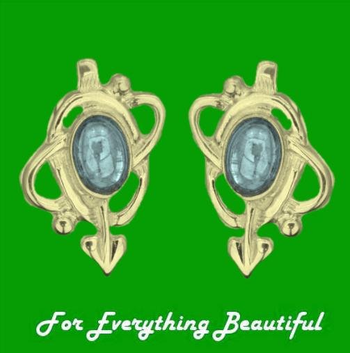 Image 0 of Art Nouveau Oval Blue Moonstone Swirl 9K Yellow Gold Stud Earrings 