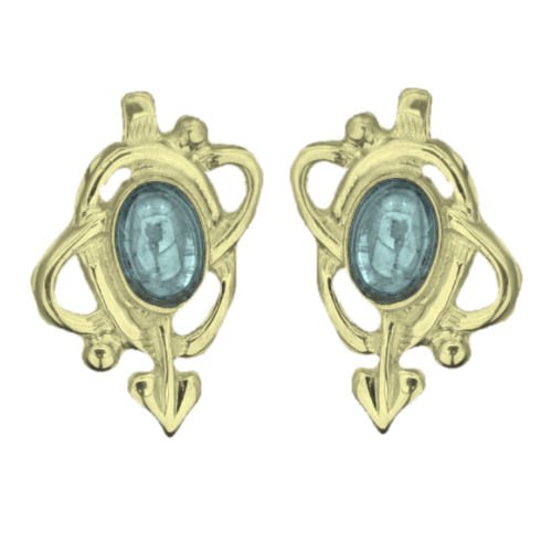 Image 1 of Art Nouveau Oval Blue Moonstone Swirl 9K Yellow Gold Stud Earrings 