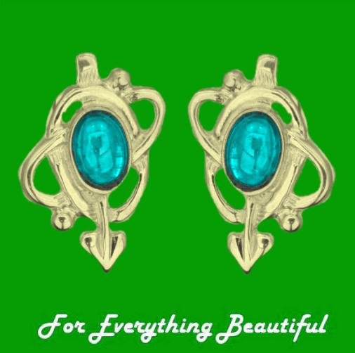 Image 0 of Art Nouveau Oval Turquoise Swirl 9K Yellow Gold Stud Earrings