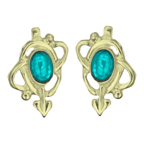 Image 1 of Art Nouveau Oval Turquoise Swirl 9K Yellow Gold Stud Earrings