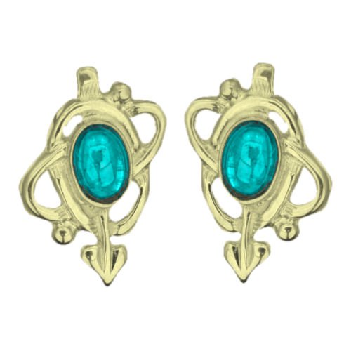 Image 1 of Art Nouveau Oval Turquoise Swirl 9K Yellow Gold Stud Earrings