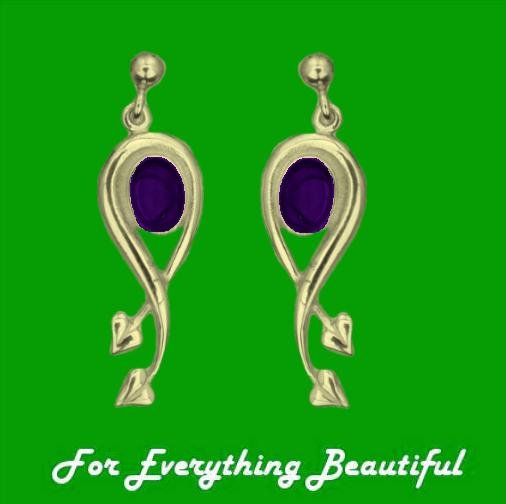 Image 0 of Art Nouveau Oval Leaf Amethyst 9K Yellow Gold Earrings