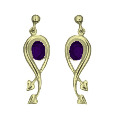 Image 1 of Art Nouveau Oval Leaf Amethyst 9K Yellow Gold Earrings