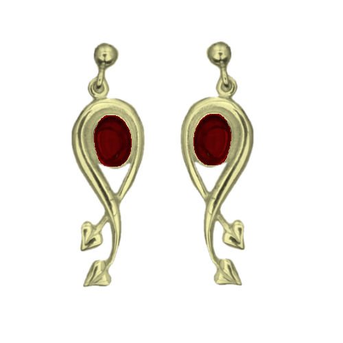 Image 1 of Art Nouveau Oval Leaf Garnet 9K Yellow Gold Earrings