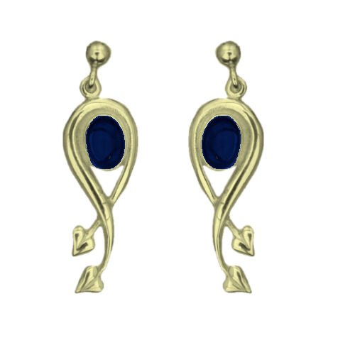 Image 1 of Art Nouveau Oval Leaf Lapis Lazuli 9K Yellow Gold Earrings