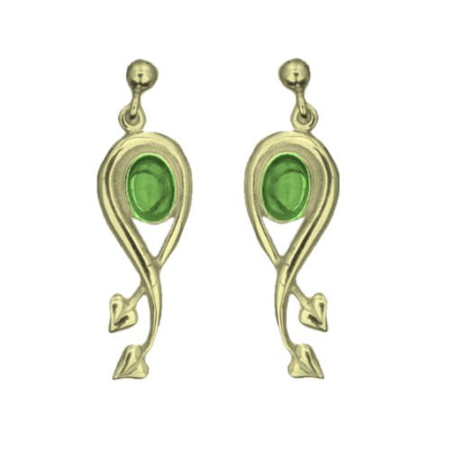 Image 1 of Art Nouveau Oval Leaf Green Peridot 9K Yellow Gold Earrings