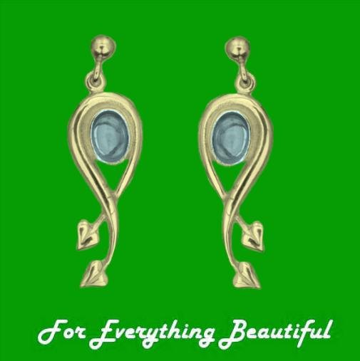 Image 0 of Art Nouveau Oval Leaf Blue Moonstone 9K Yellow Gold Earrings