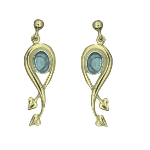 Image 1 of Art Nouveau Oval Leaf Blue Moonstone 9K Yellow Gold Earrings