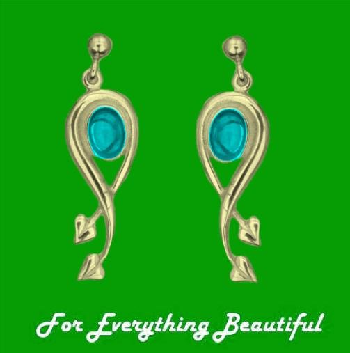 Image 0 of Art Nouveau Oval Leaf Turquoise 9K Yellow Gold Earrings