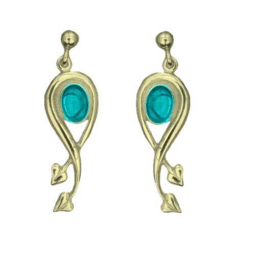 Image 1 of Art Nouveau Oval Leaf Turquoise 9K Yellow Gold Earrings