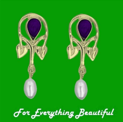 Image 0 of Art Nouveau Pear Pearl Amethyst 9K Yellow Gold Drop Earrings