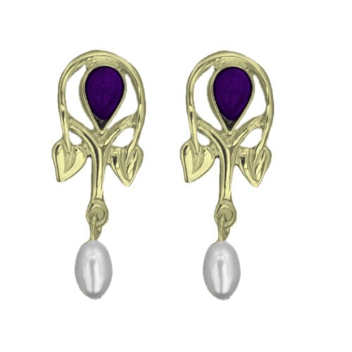Image 1 of Art Nouveau Pear Pearl Amethyst 9K Yellow Gold Drop Earrings