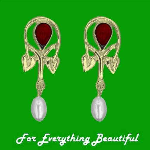 Image 0 of Art Nouveau Pear Pearl Garnet 9K Yellow Gold Drop Earrings