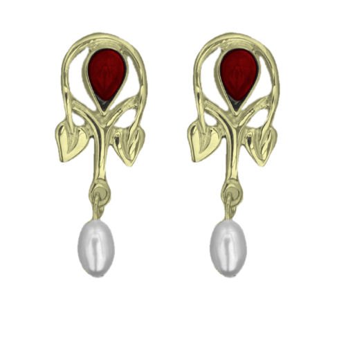 Image 1 of Art Nouveau Pear Pearl Garnet 9K Yellow Gold Drop Earrings
