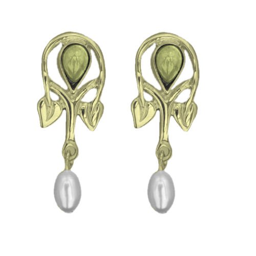Image 1 of Art Nouveau Pear Pearl Citrine 9K Yellow Gold Drop Earrings